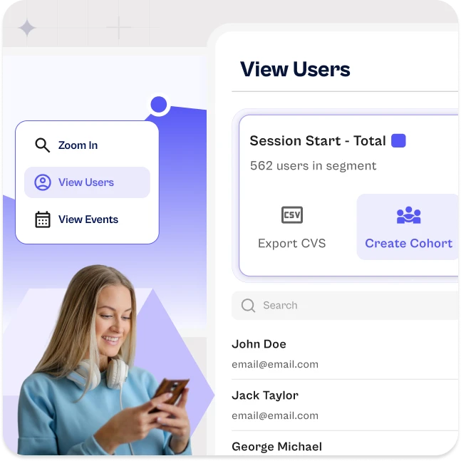 Shopper next to a segment of users with export and create-cohort actions
