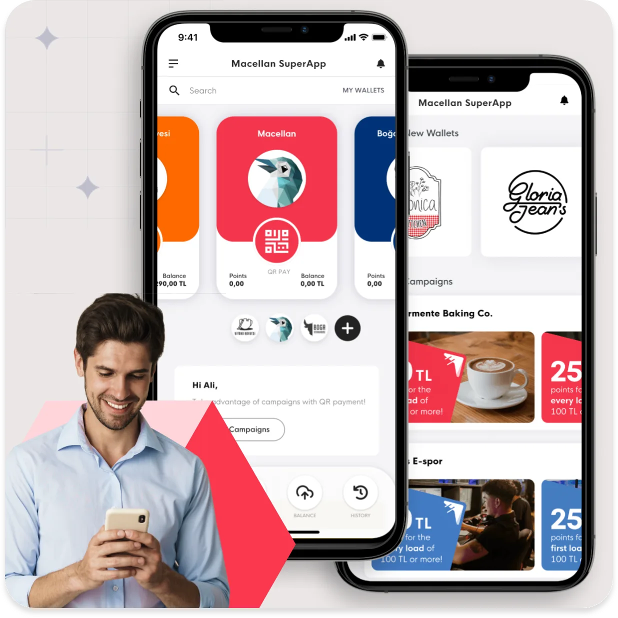 The Macellan SuperApp on two phones, beside a customer using his phone