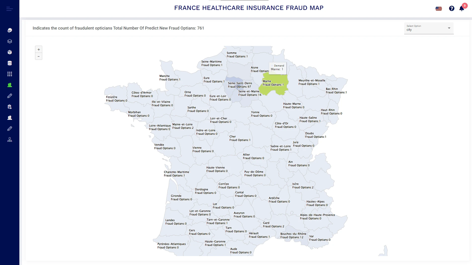Healthcare insurance fraud map of France, broken down by region