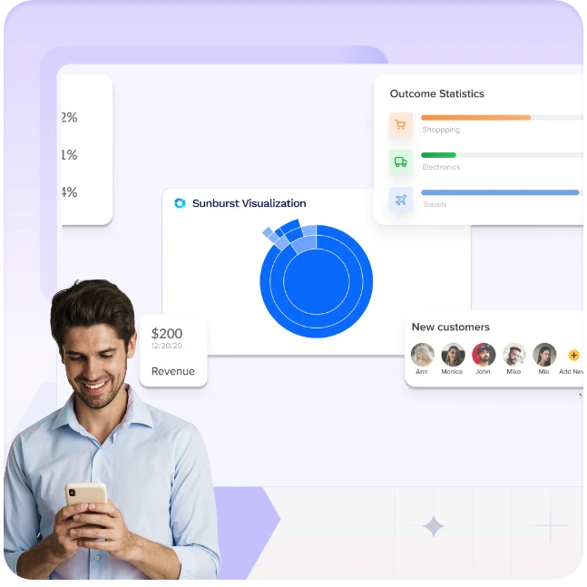 Churn prediction report with a sunburst chart and at-risk customers