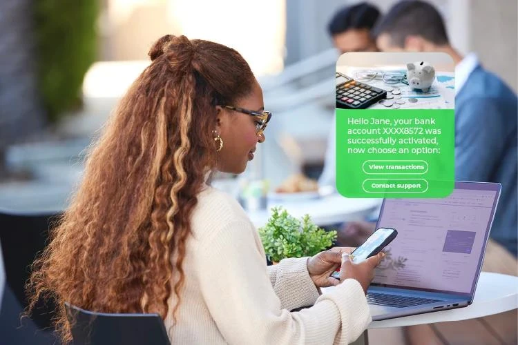 A customer reading a bank account notification on WhatsApp