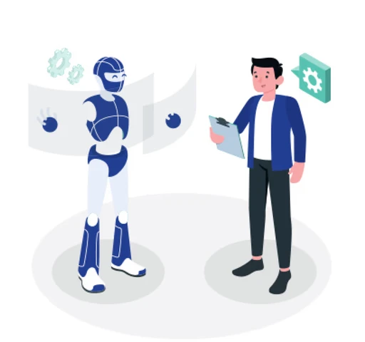 A robot and a business analyst reviewing a report together