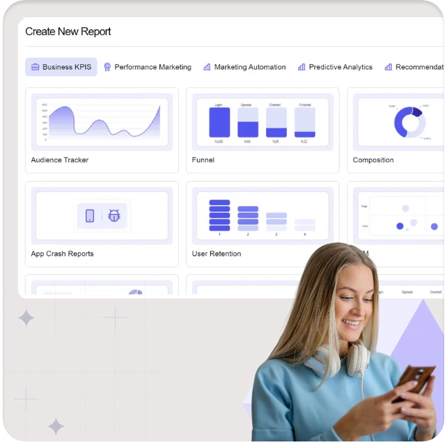 Create new report dialog with business KPI, funnel and retention templates