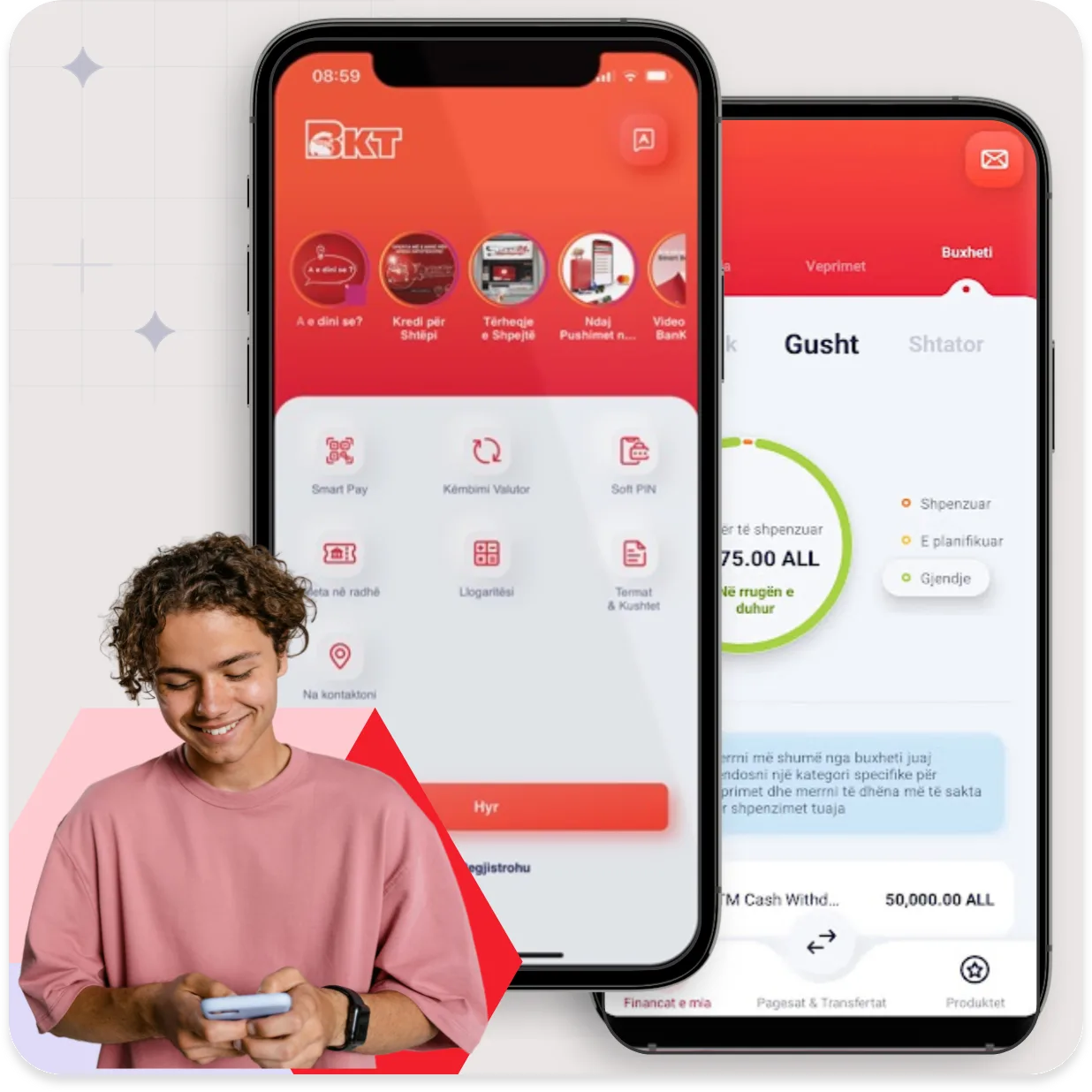 BKT's mobile banking app on two phones, beside a customer using her phone
