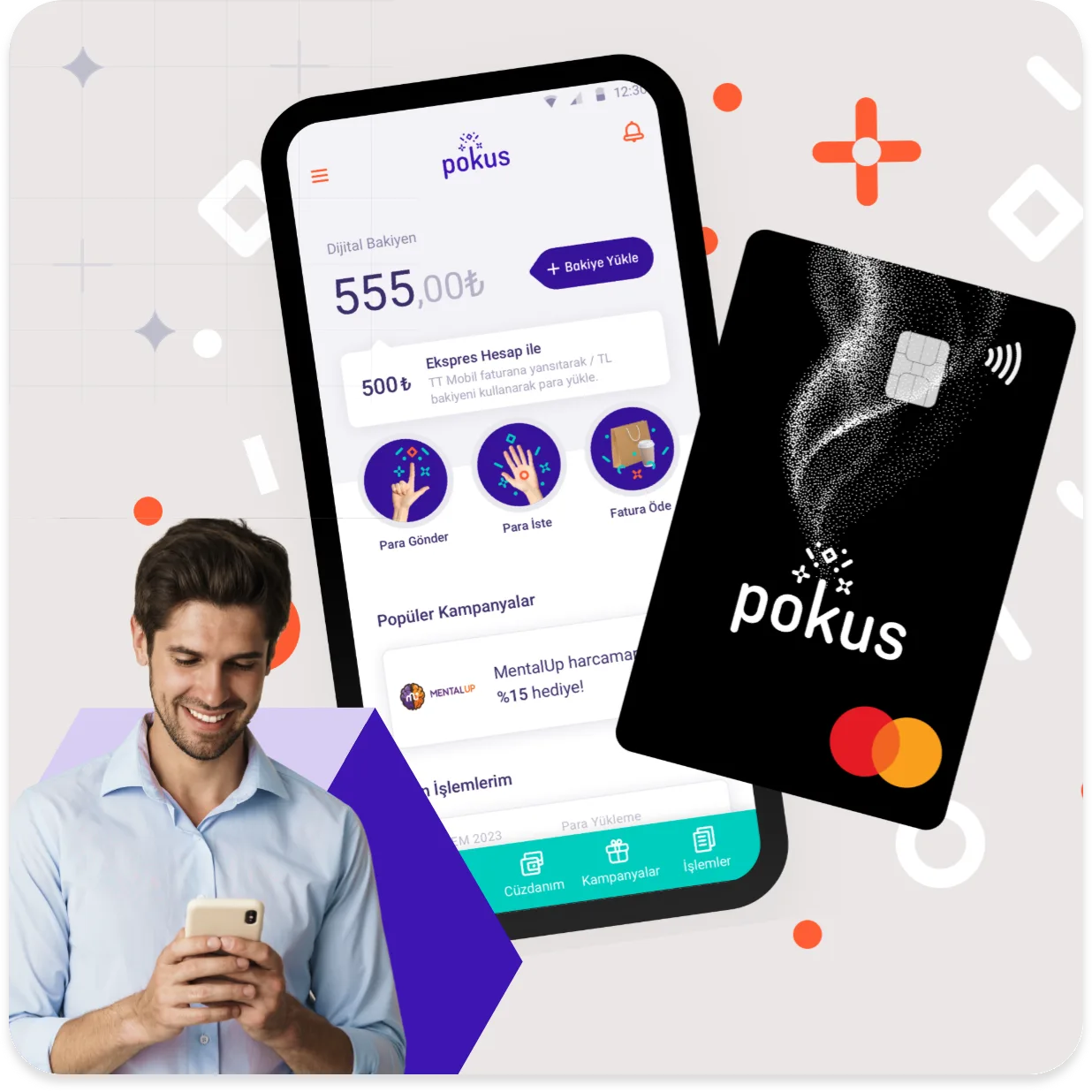 The Pokus app and card, beside a customer using his phone