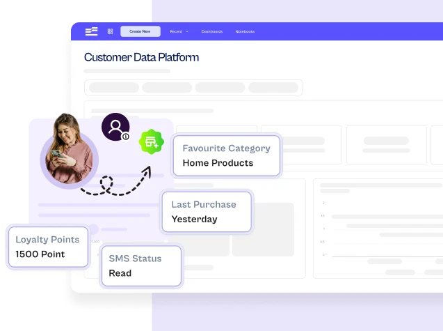 Customer Data Platform profile: favourite category, last purchase, loyalty points and SMS status