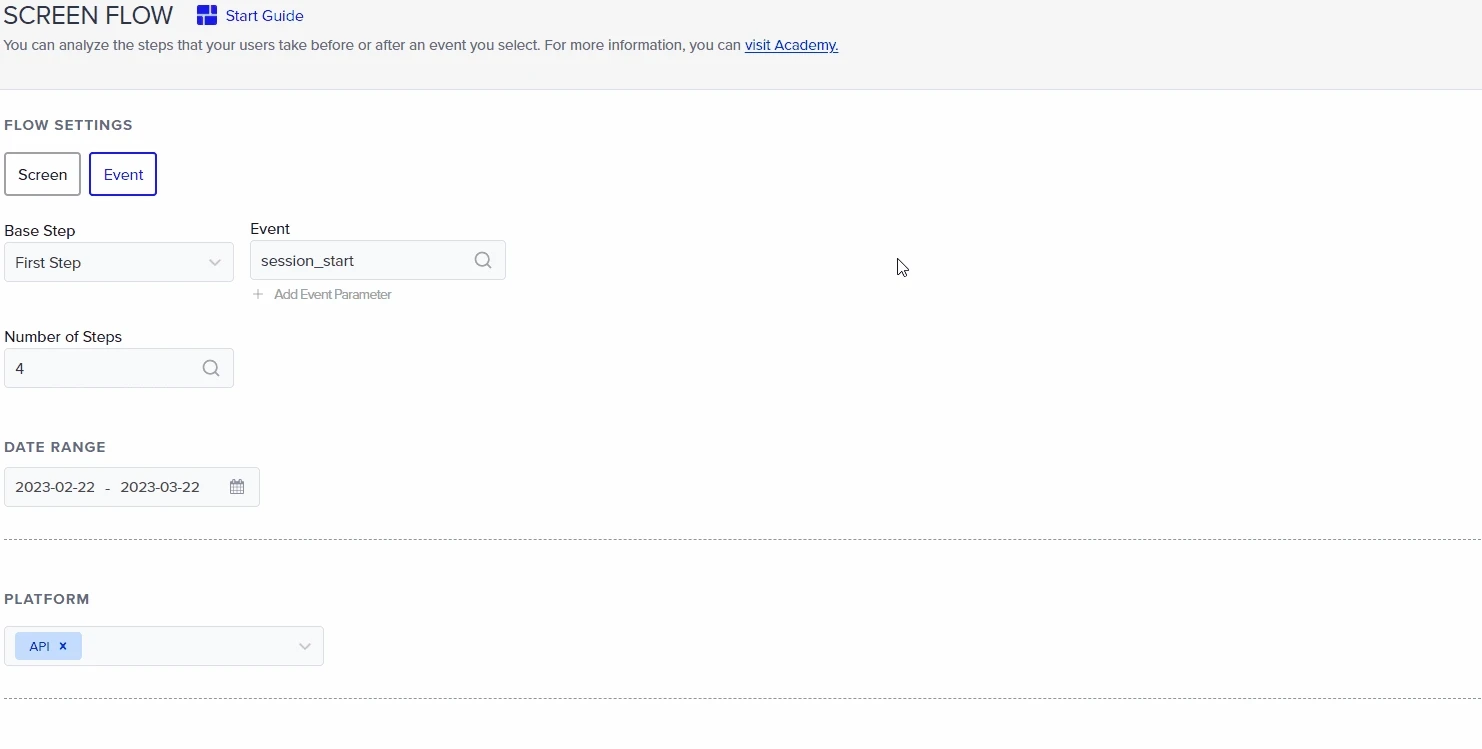 Screen flow report being configured step by step