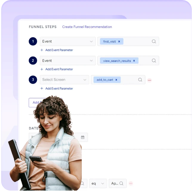 Funnel step builder with event, event parameter and date range selection
