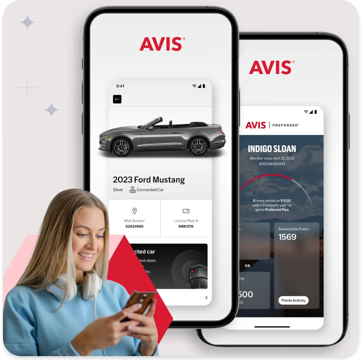 The AVIS mobile app on two phones, held by a customer