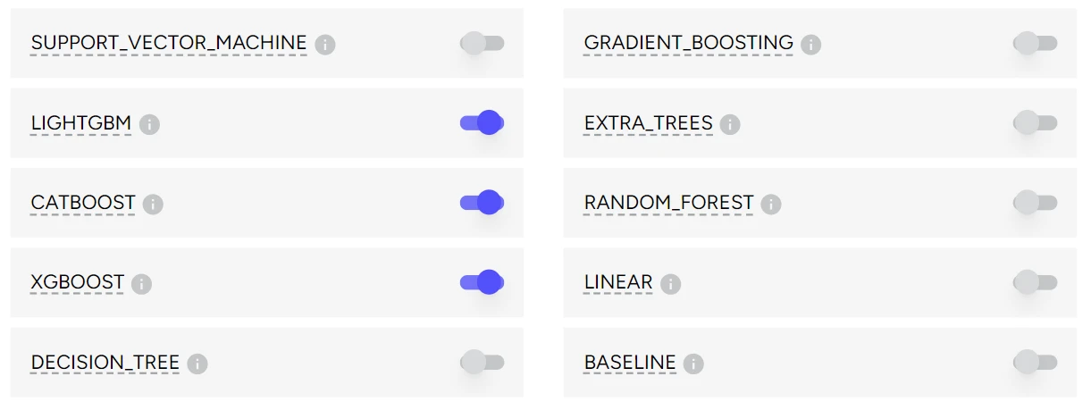 Model selection toggles for SVM, LightGBM, CatBoost, XGBoost and other algorithms
