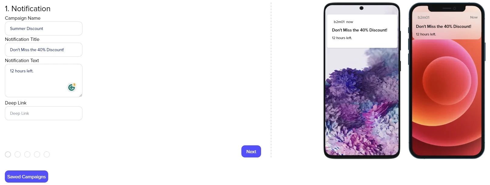 Push notification editor with campaign name, title, text and deep link, previewed on two phones