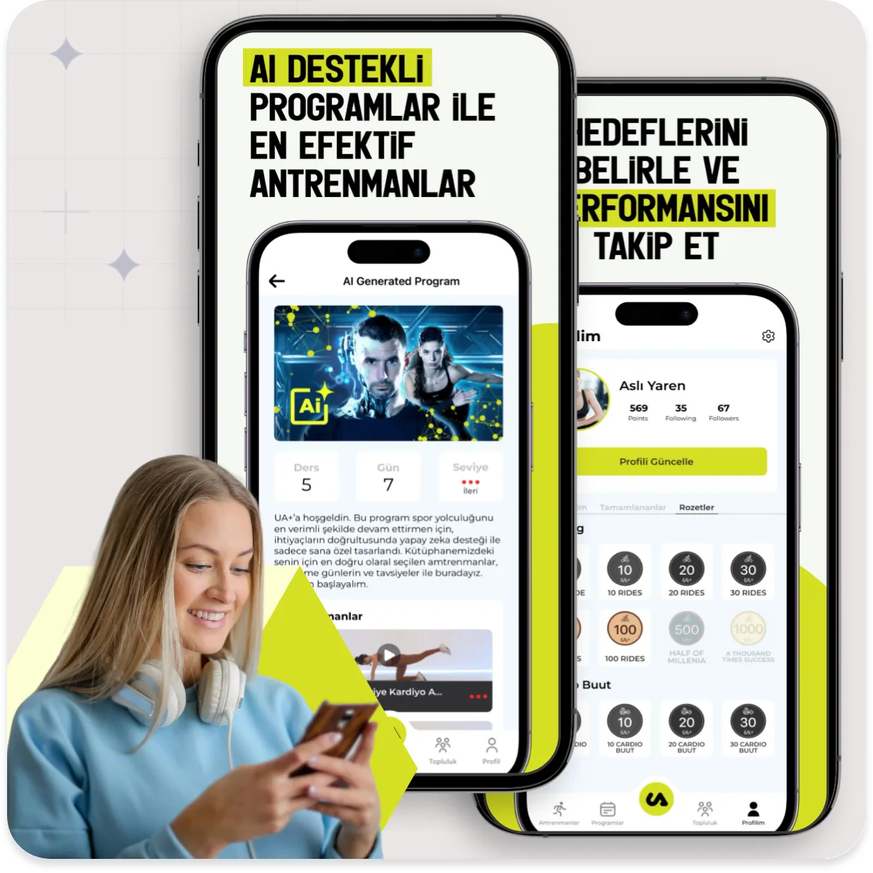 The Urban Active training app on two phones, beside a member using her phone