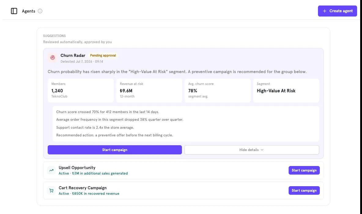 The Agents page with a pending Churn Radar suggestion and two active agents.