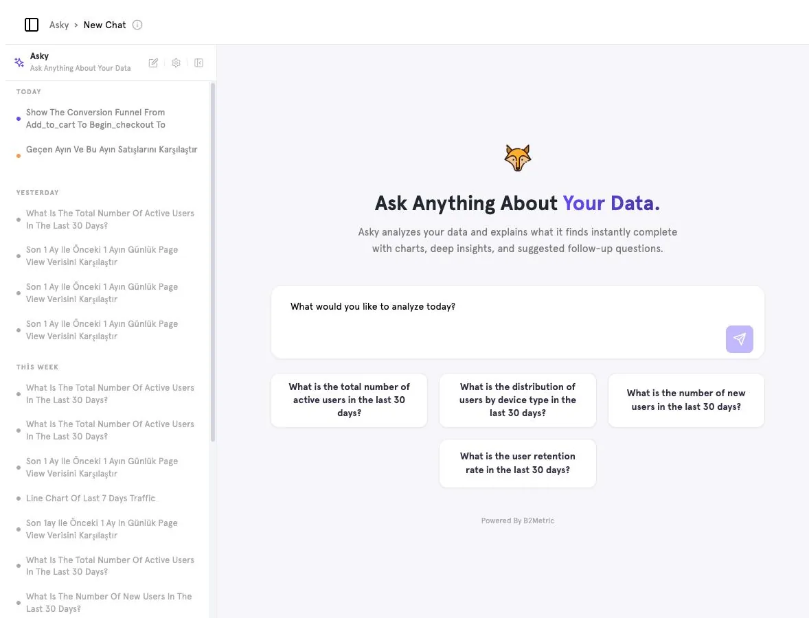 Asky start screen with suggested questions and your conversation history.