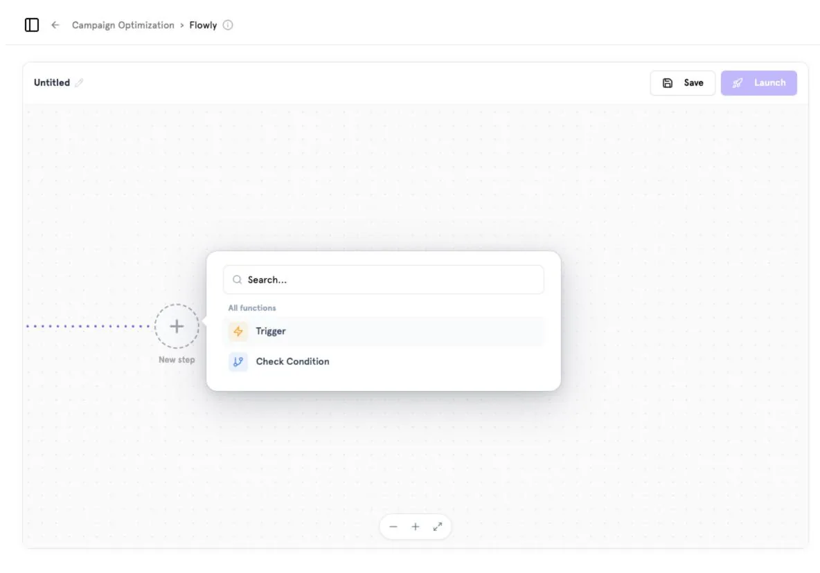 An empty journey: add the first step from the function menu.