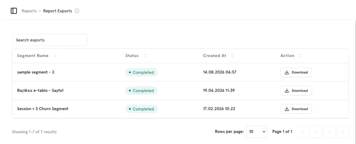 Report Exports with status, creation date and download.