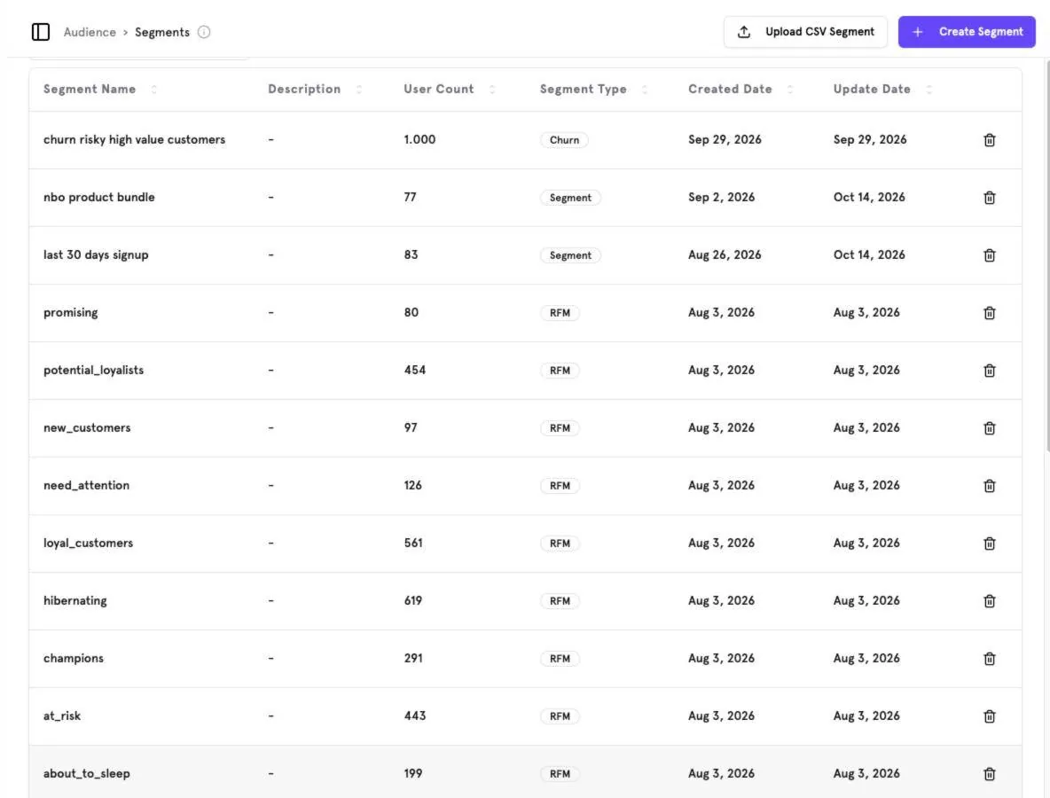 All segments with user count, type and dates.