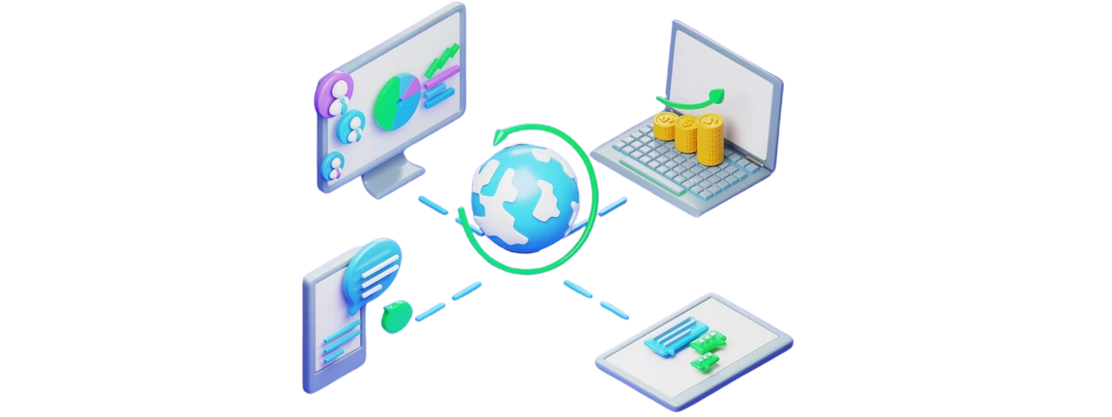 A computer, laptop, and phone connected to a globe, symbolizing global marketing data collection from various sources.