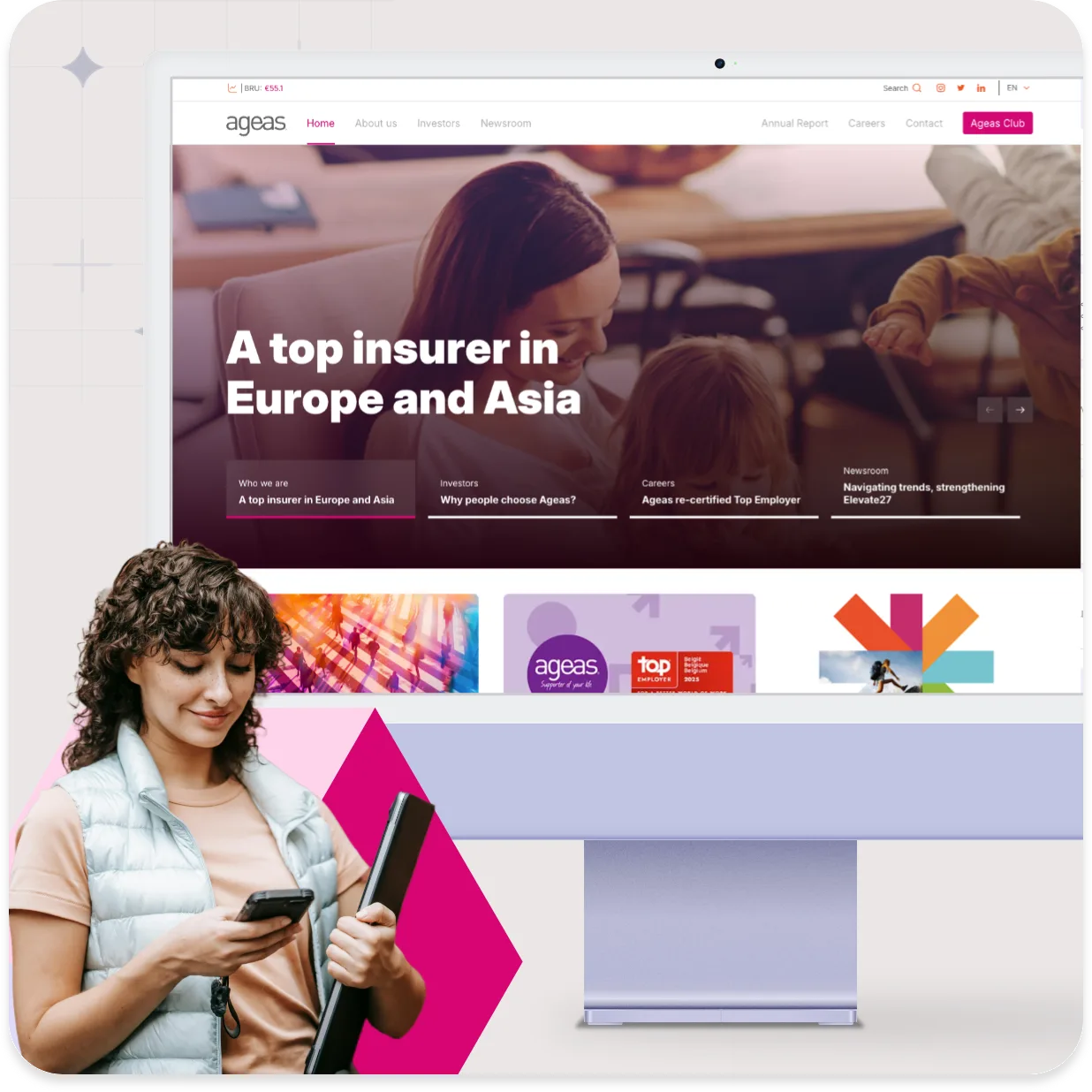 Ageas's website on a desktop screen, beside a customer using her phone