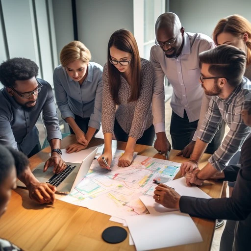 A team planning a campaign around a table