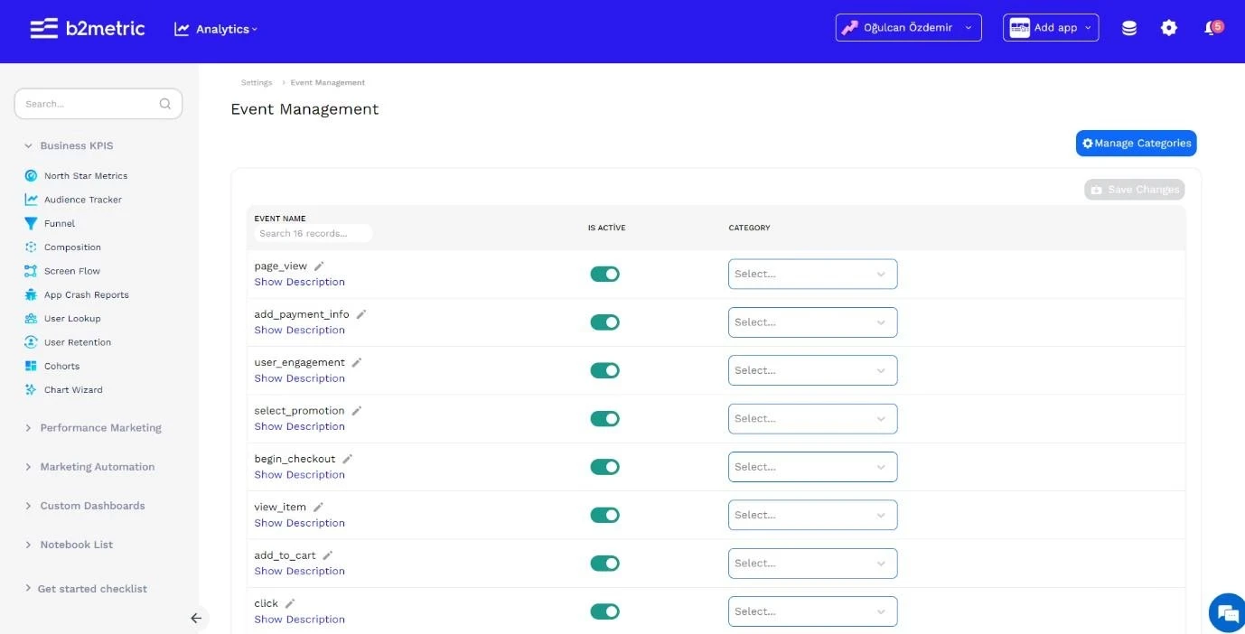 You can activate/deactivate the events you have defined from the event management section or you can categorize events — B2Metric product screenshot