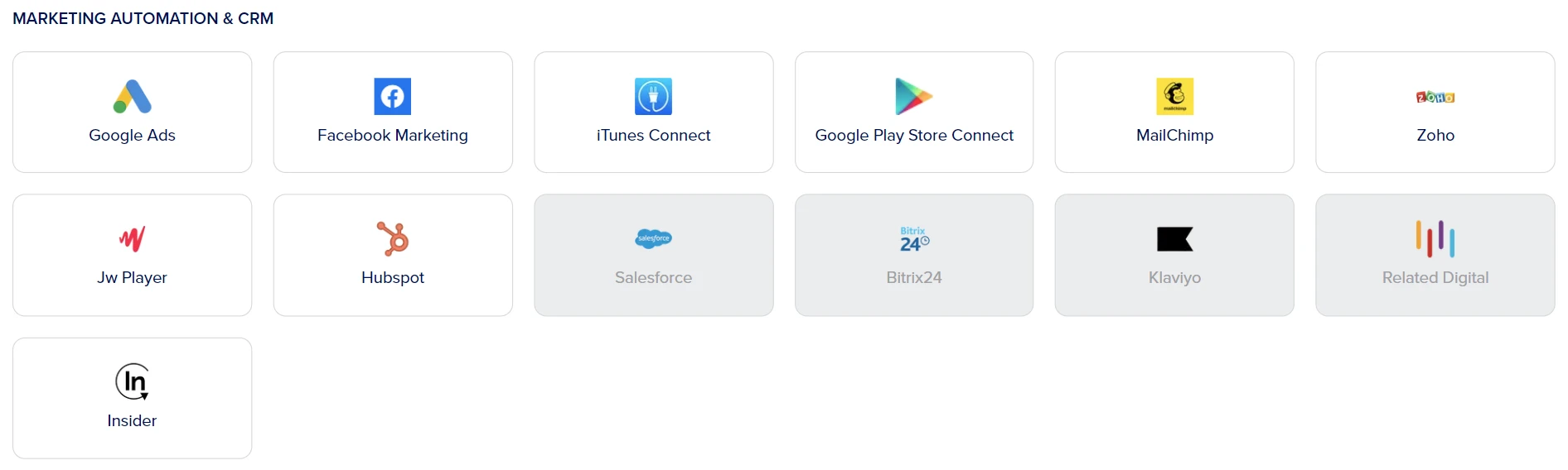Marketing automation and CRM integrations such as Google Ads, HubSpot and Salesforce
