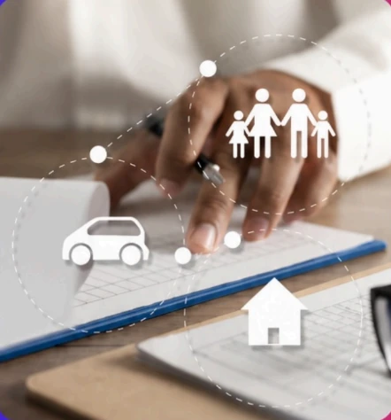 A hand working on a laptop, with family, car and house icons for agency forecasts
