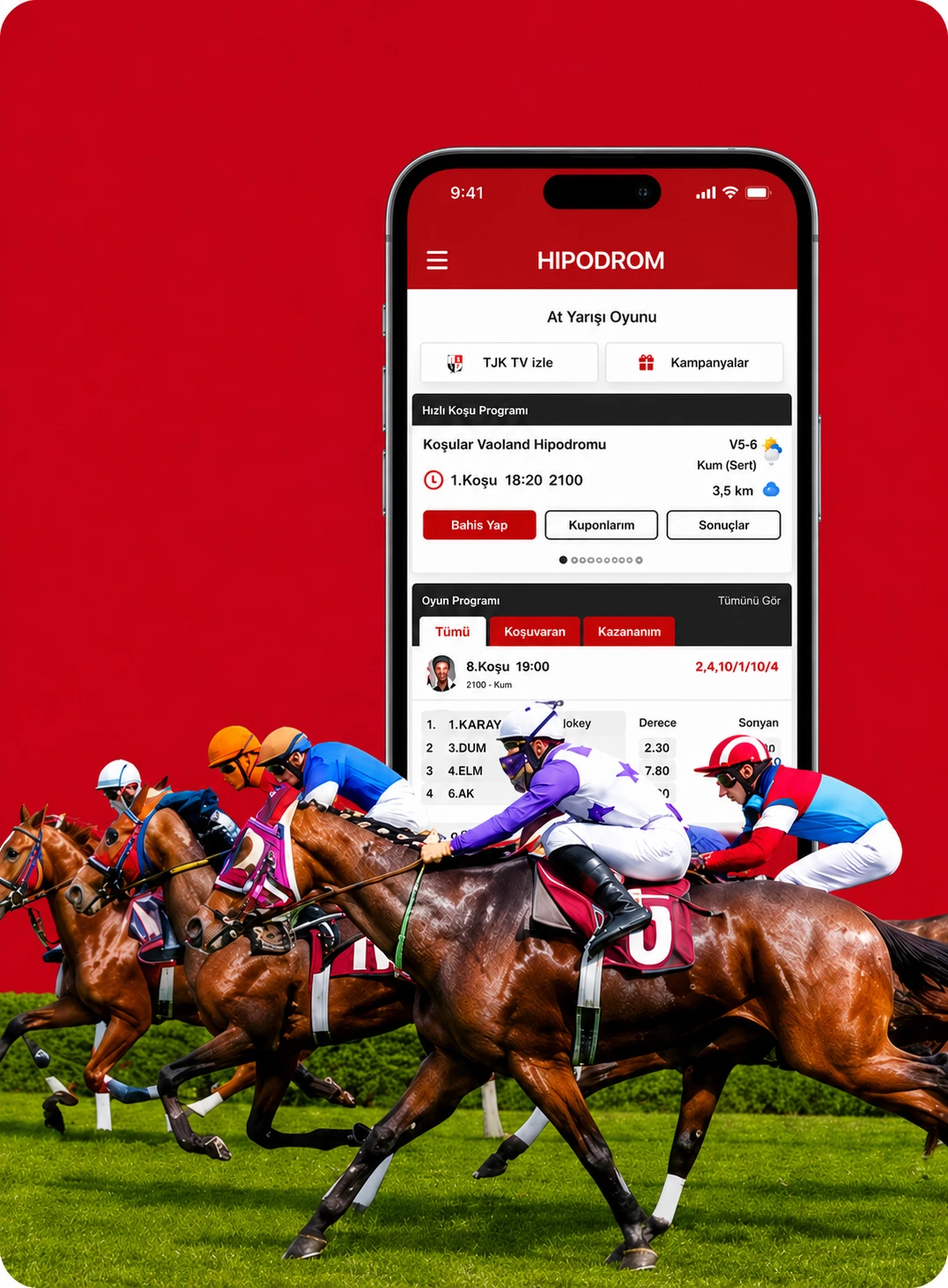 The Hipodrom horse racing app in front of a race