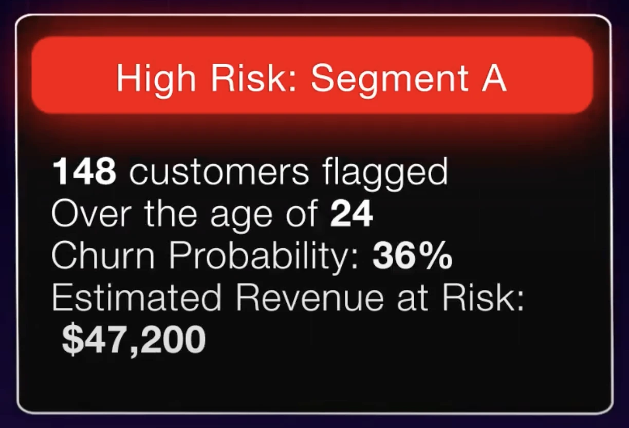 High-risk segment summary: customers flagged, churn probability and revenue at risk.